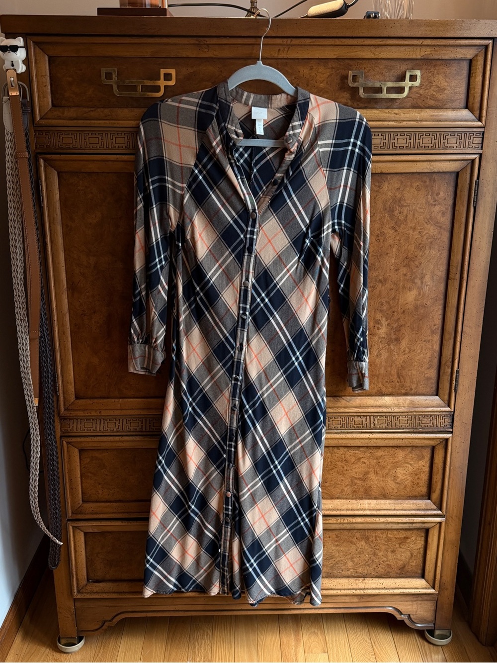 H&M Plaid Button-Front Midi Dress in Navy, Cream and Tan